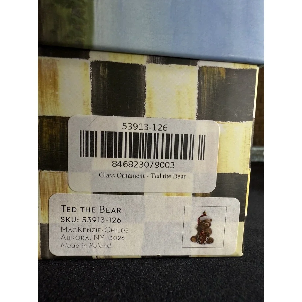 MACKENZIE CHILDS RARE 2018 Ted The Bear Glass Ornament Teddy Gift Courtly‎ Check